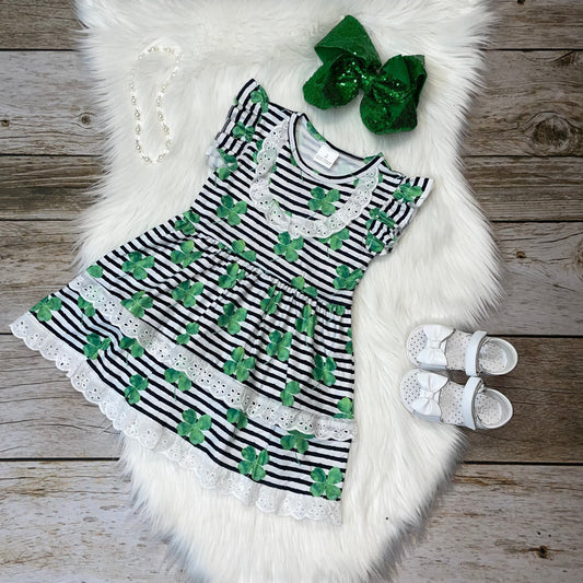 Shamrock Printed Striped Flutter Sleeve Dress with Eyelet Trim