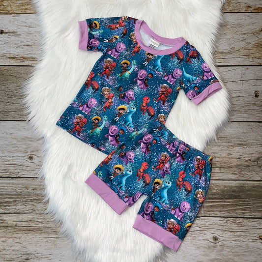 Dino Characters Teal & Lavender Short Sleeve Loungewear Set