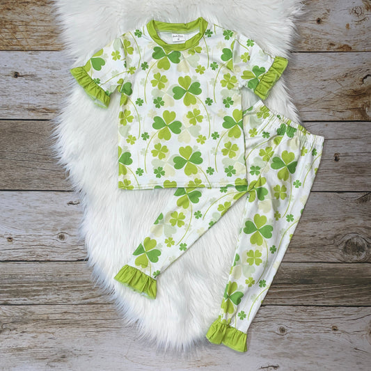 Lime Green Four Leaf Clover Ruffle Loungewear Set