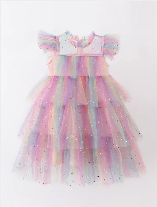 Rainbow Star tiered ruffle tulle dress