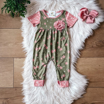 Green and Pink Floral infant romper