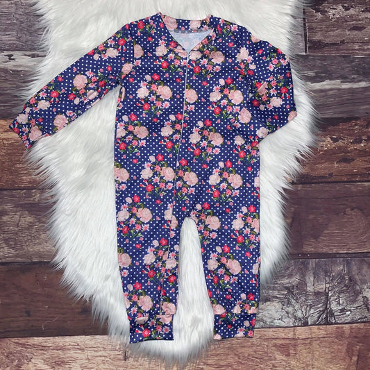 Zip-Up Romper Blue Floral Polka Dot